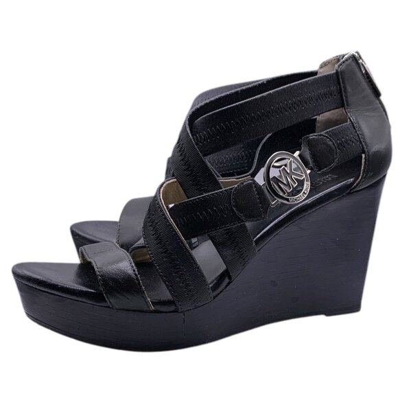 MICHAEL KORS Black Back Zip Strappy Gold Logo Sandal WEDGES - Picture 3 of 9